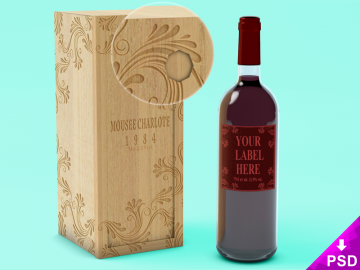 Wine Bottle with Wooden Case Mockup